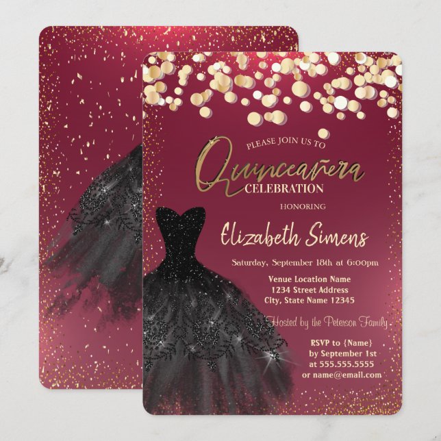 Convites Pontos Dourados, Quinceañera de Vestido Negro (Frente/Verso)