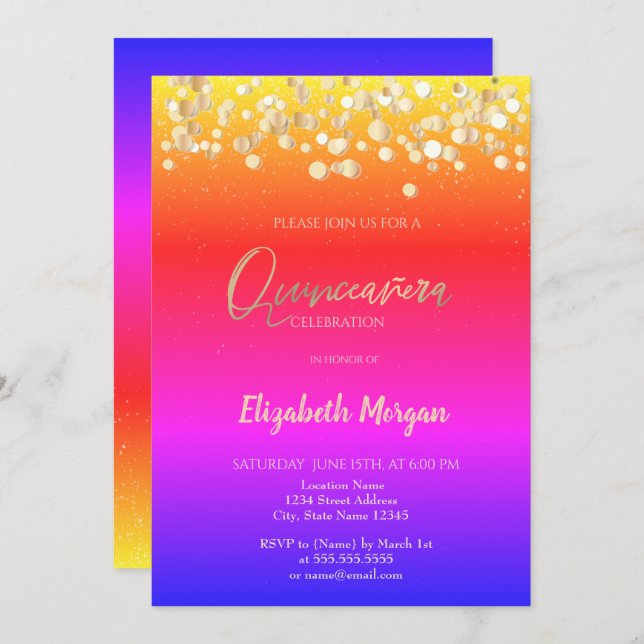 Convites Pontos Elegantes, Confetti Colorido Ombre Quinceañ (Frente/Verso)