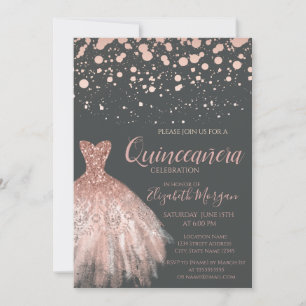 Convites Pontos Modernos em Dourado Rosa, Vestido Cinza Qui