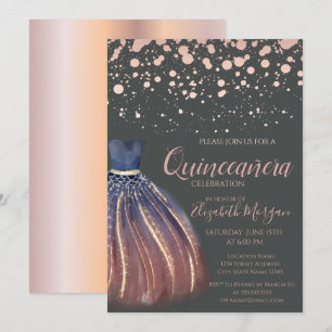 Convites Pontos Modernos em Ouro Rosa, Elegante Vestido Cin