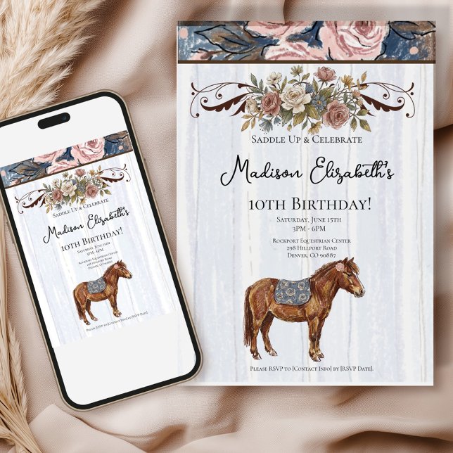 Convites Pony Birthday  ( This charming theme combines the elegance of French country décor with whimsical pony illustrations)