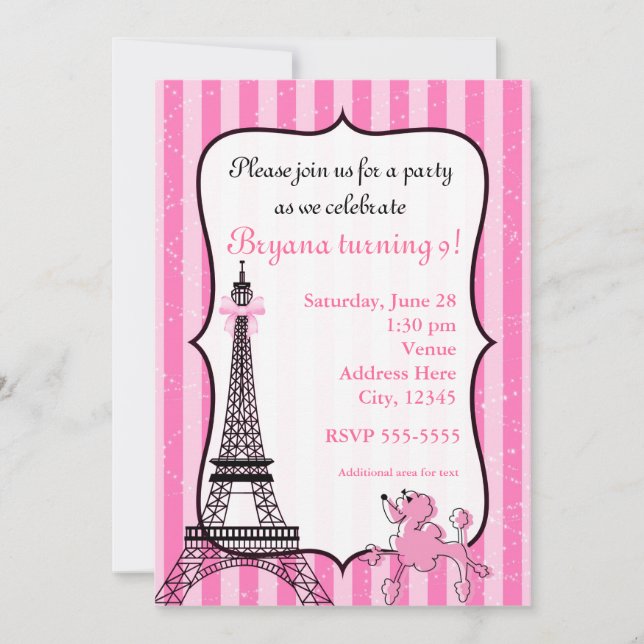 Convites Poodle em Paris Rosa Listrado Torre Eiffel Chic (Frente)