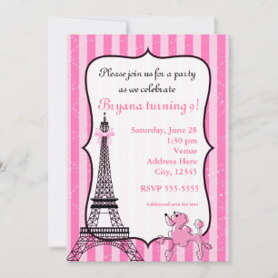 Convites Poodle em Paris Rosa Listrado Torre Eiffel Chic