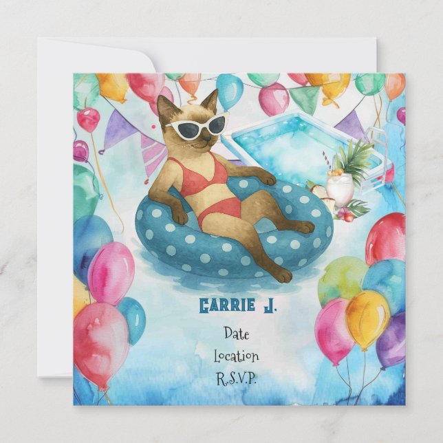 Convites Pool Birthday Party for Cat Lovers   (Frente)