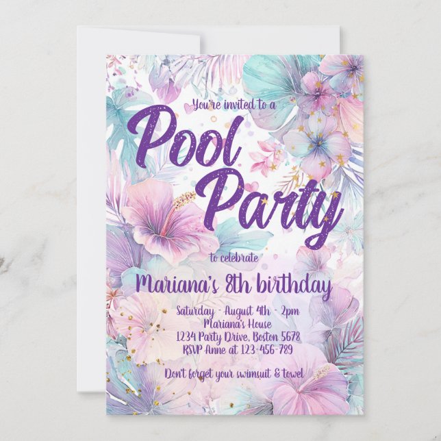 Convites Pool Party Birthday Pink Girly Pool Party (Frente)