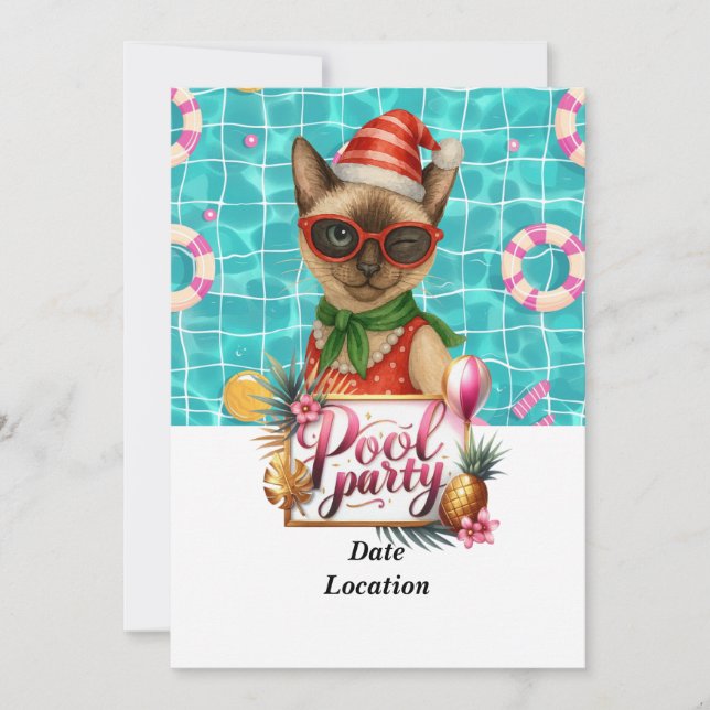 Convites Pool Party Christmas in July for Cat Lovers (Frente)