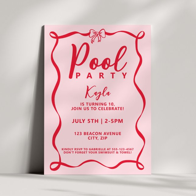 Convites Pool Party Girly Red Bow Coquette Pink Wavy (Criador carregado)