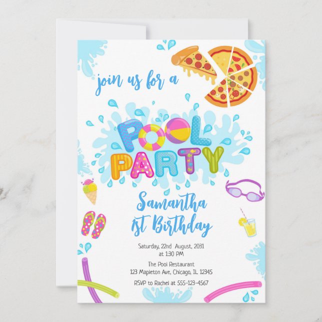 Convites Pool Party | Modern Summer Themed Birthday Party (Frente)