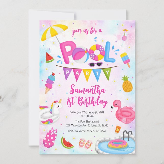 Convites Pool Party | Modern Summer Themed Birthday Party (Frente)
