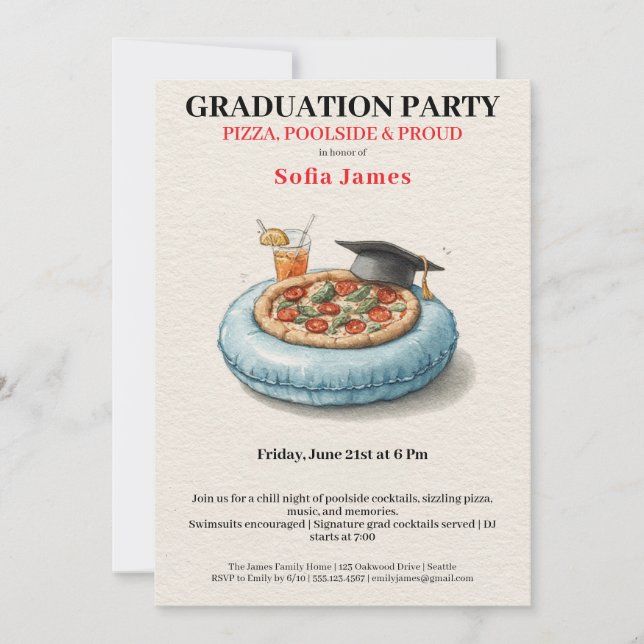 Convites Pool Party Pizza Graduation Celebration Invitation (Frente)