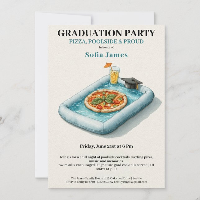Convites Pool Party Pizza Graduation Celebration Invitation (Frente)
