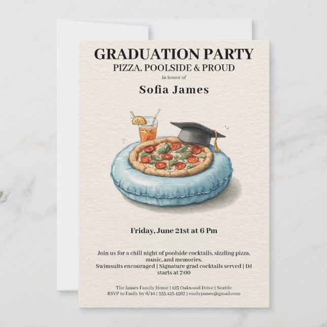 Convites Pool Party Pizza Graduation Celebration Invitation (Frente)