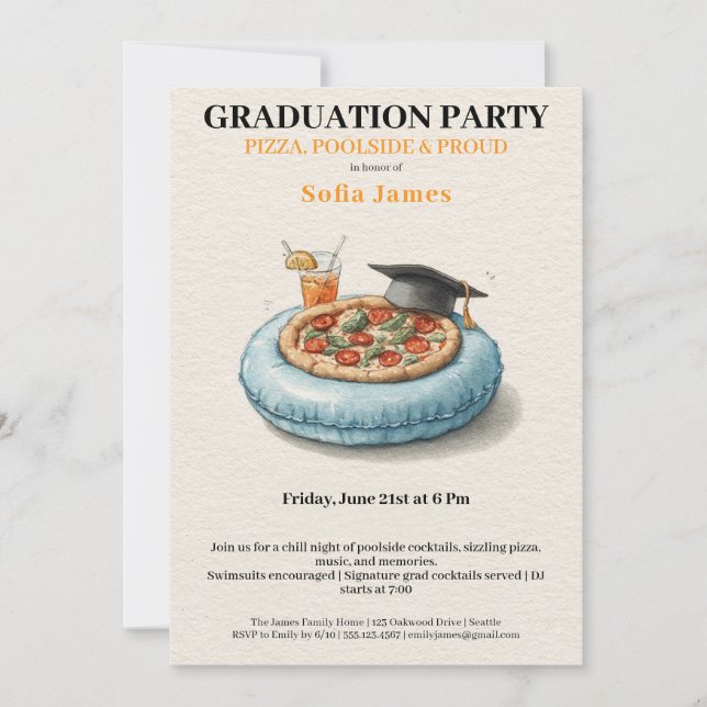 Convites Pool Party Pizza Graduation Celebration Invitation (Frente)