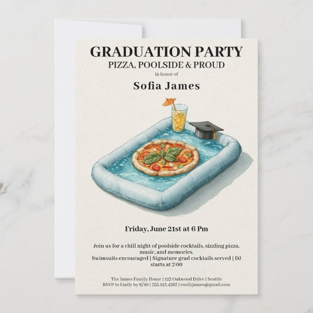 Convites Pool Party Pizza Graduation Celebration Invitation (Frente)