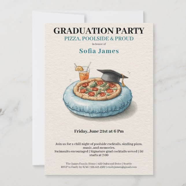 Convites Pool Party Pizza Graduation Celebration Invitation (Frente)