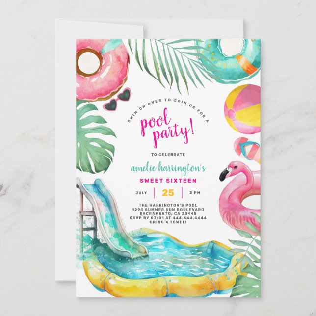 Convites Pool Party Summer Beach Birthday Invitation (Frente)
