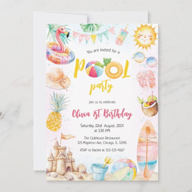 Convites Pool Party Summer Theme Birthday Party Invitation (Frente)
