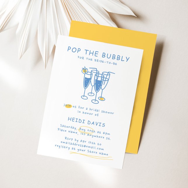 Convites Pop Amarelo e Azul Retroativo O Chá de panela Borr (Retro Yellow & Blue Pop The Bubbly Bridal Shower Invitation)