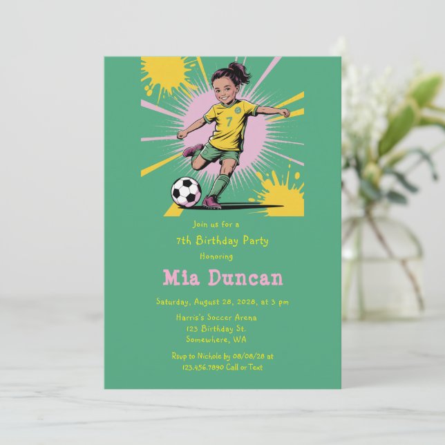 Convites Pop Art Girls Soccer Festa de aniversário (Em pé/Frente)