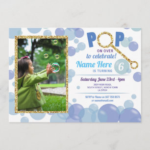 Convites POP Bubble Birthday Blue Photo Glitter Dourado