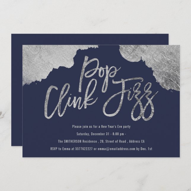Convites Pop clink edifica Véspera de ano novo azul (Frente/Verso)