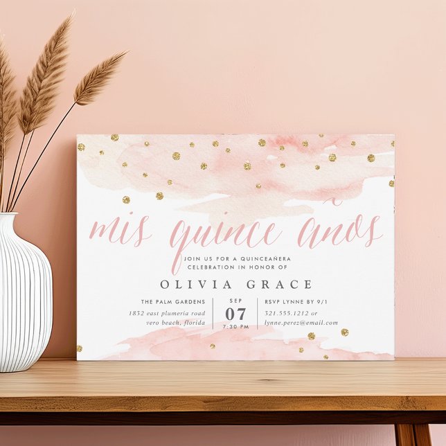 Convites Pop de Confetti Rosa e Dourado | Quinceanera Aquar (Criador carregado)