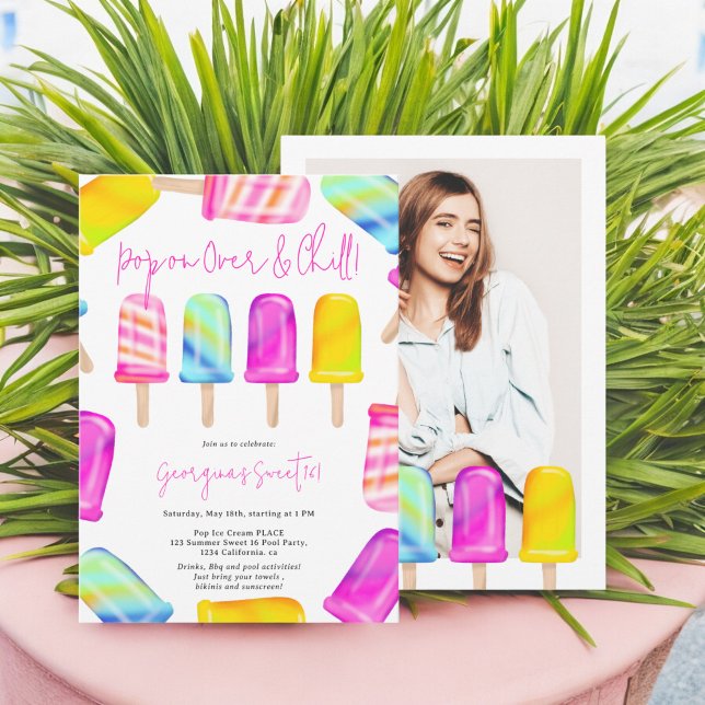 Convites Pop de verão na foto do sorvete frio Sweet 16 (Summer Pop on chill ice cream photo Sweet 16 Invitation)