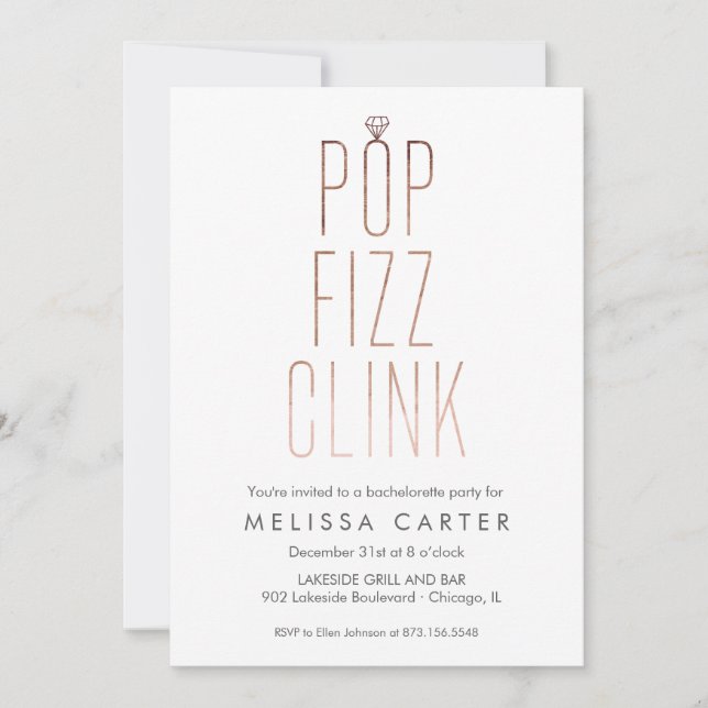 Convites Pop Dourada rosa Fizz Clink Bachelorette Faux Foil (Frente)