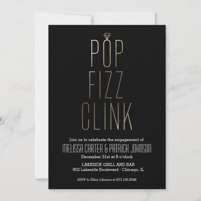 Convites Pop Fizz Clink Ano Novo Faux Foil (Frente)