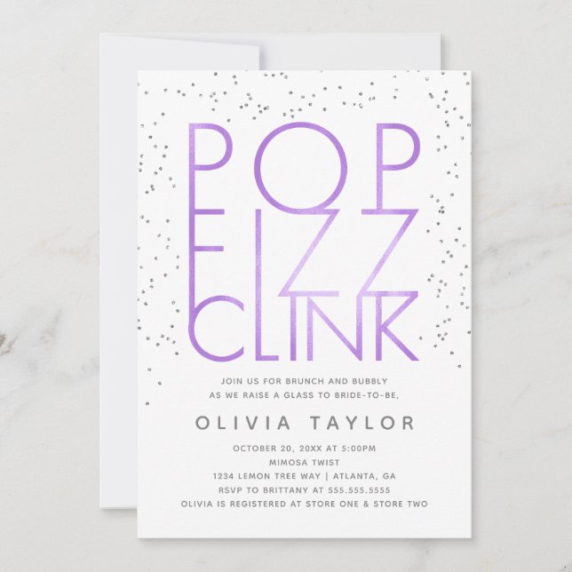 Convites Pop Fizz Clink Chá de panela, Roxo (Frente)