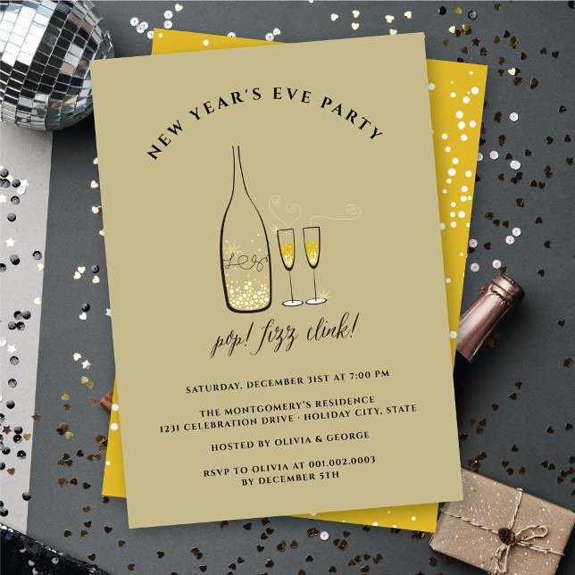 Convites Pop Fizz Clink Champagne Saúde Ano Novo Festa (Pop Fizz Clink Champagne Cheers New Year Eve Party Invitation @ fat_fa_tin)