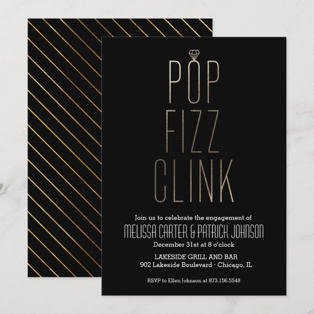Convites Pop Fizz Clink Festa de noivado em Folha Faux (Frente/Verso)