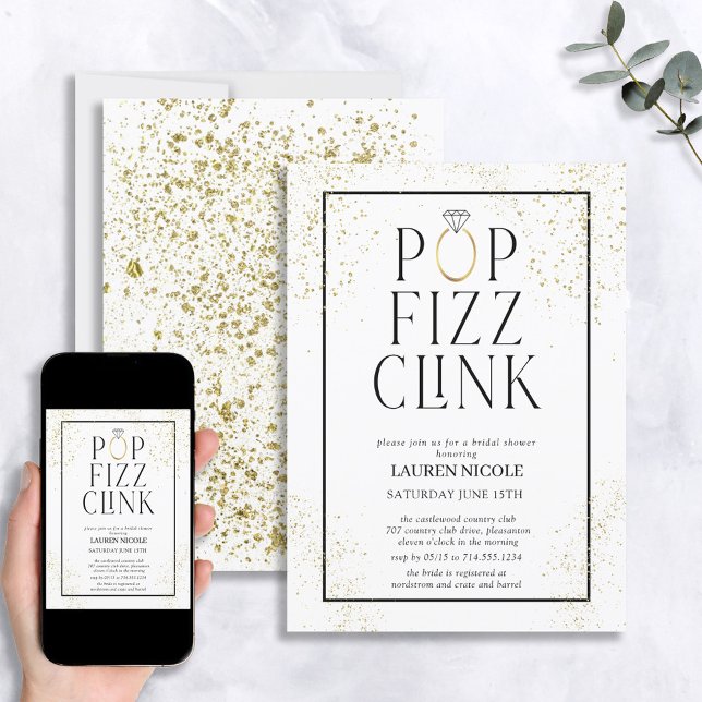 Convites Pop Fizz Clink White Dourado Chá de panela (Criador carregado)