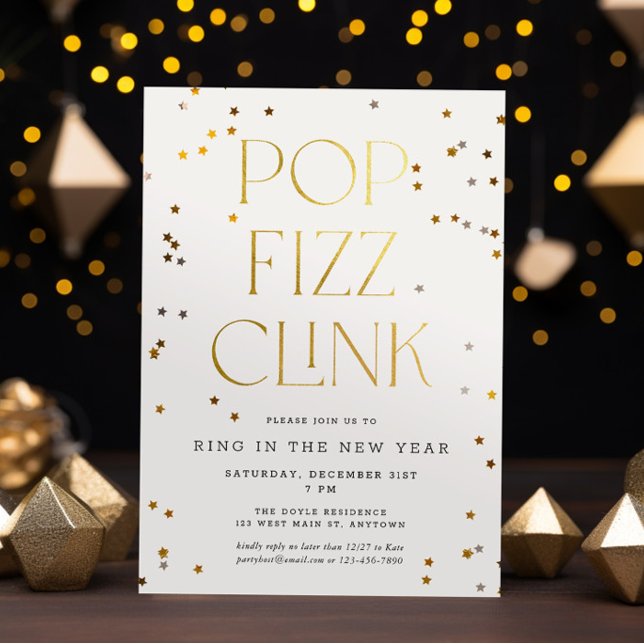 Convites Pop Fizz Clink White Dourado Confetti Véspera de A (Criador carregado)