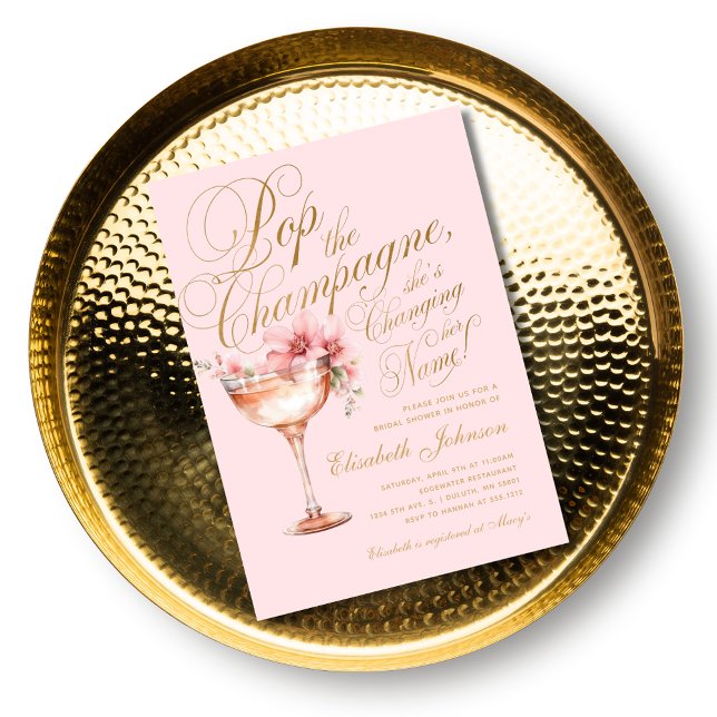 Convites Pop Floral Dourada rosa, Chá de panela de Champanh (Pink Gold Floral Pop the Champagne Bridal Shower Invitation)