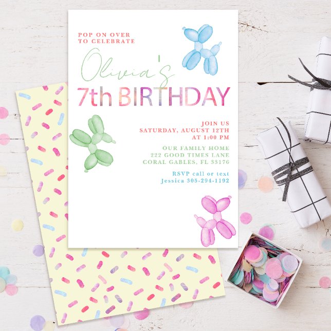 Convites Pop sobre 7 Aniversário Convidado (cute pastel seventh birthday party invitations)
