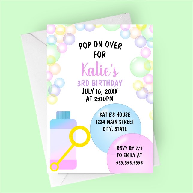 Convites Pop Sobre a Parte do Aniversário de criança (Pop on Over | Bubbles Birthday Party Invitation | Spring or Summer Birthday)