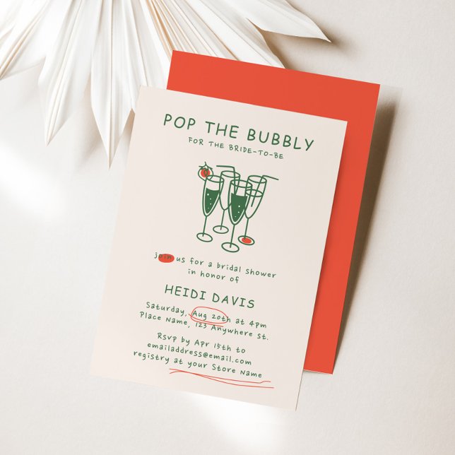 Convites Pop Vermelho e Verde Retroativo O Chá de panela Bo (Retro Green & Red Pop The Bubbly Bridal Shower Invitation)