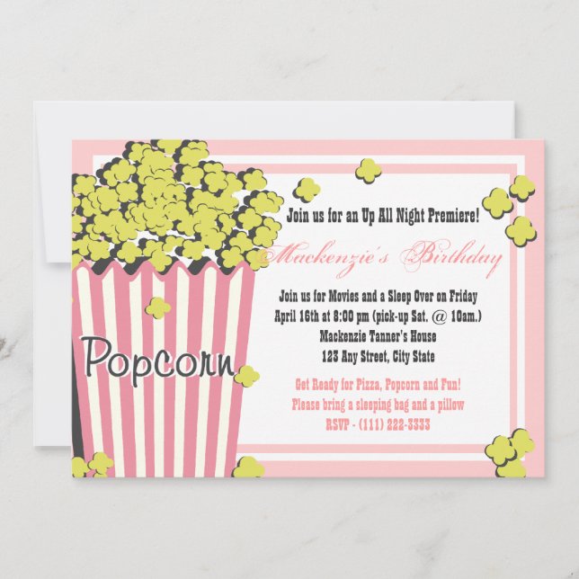 Convites Popcorn Movie Slepover (Frente)