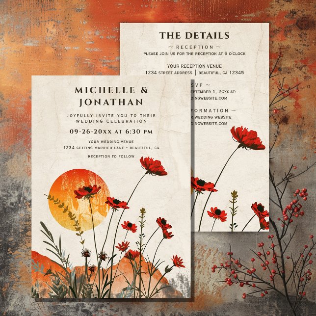 Convites Poppies Boho Wildflower Sunset Tudo em Um Casament (Poppies Boho Wildflowers Sunset All in One Wedding Invitation)