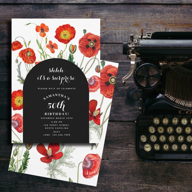 Convites Poppies de Caqueira Vermelha Florais Surpresa Aniv (Red Watercolor Poppies Florals Surprise Birthday Invitation)
