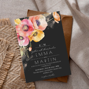 Convites Poppies Floral Red & Black Dourado Casamento