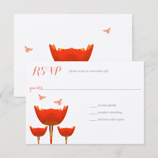 Convites Poppies Laranja & Abelhas Casamento (Frente/Verso)