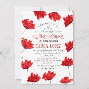 Convites Poppies Modernos Quinceañera Red Floral Aniversári