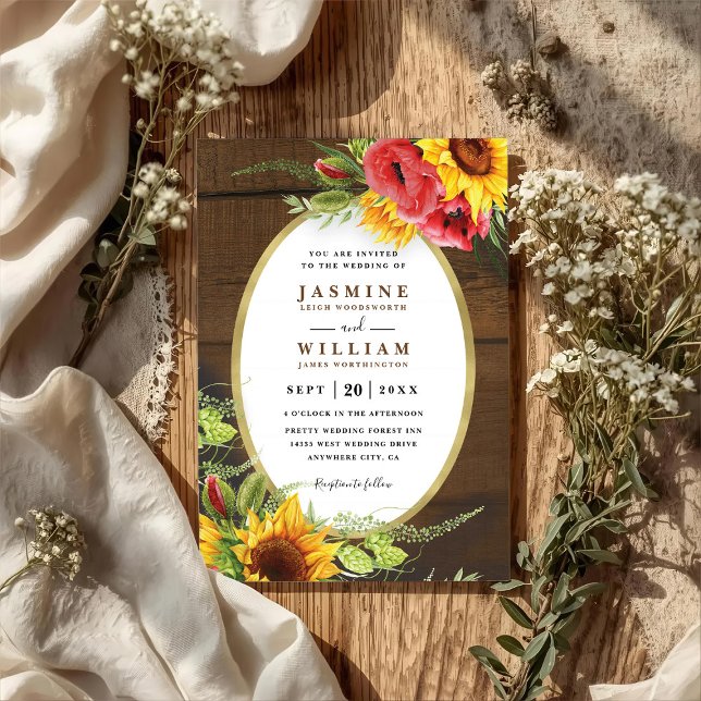 Convites Poppies Sunflowers Rustic Elegant QR Code Wedding (Criador carregado)