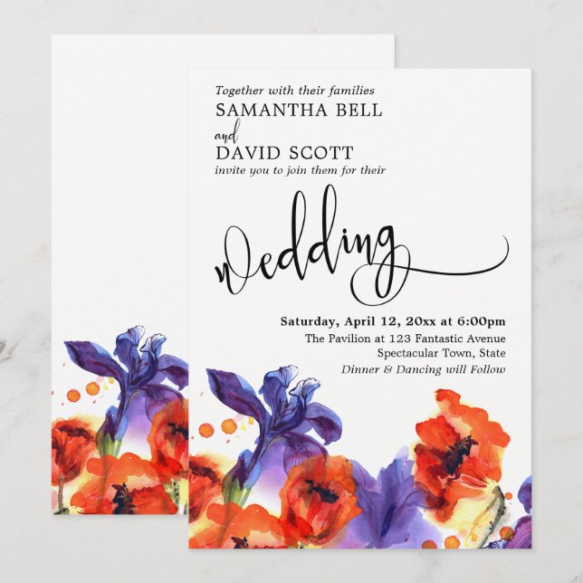 Convites Poppies Vermelhos, Casamento Moderno Iris Watercol (Frente/Verso)