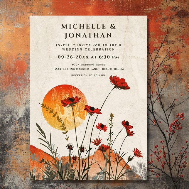 Convites Poppies Vermelhos Simples Boho Flores Selvagens (Front - Simple Red Poppies Boho Wildflowers Sunset Wedding Invitation)