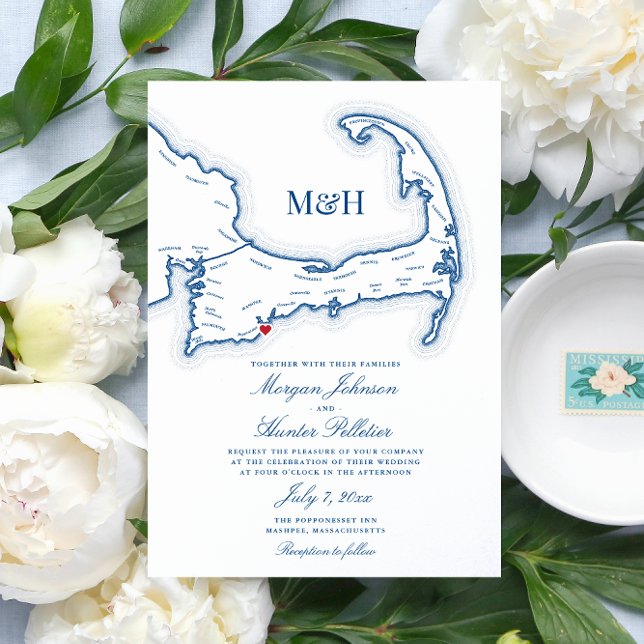 Convites Popponesset Inn Mapa Cape Cod Casamento Elegante (Cape Cod Map Invitation with heart over Popponessett Inn - you can move the heart!)