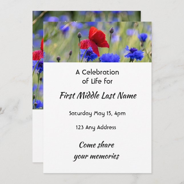 Convites Poppy Cornflower Meadow  Memorial Pocket Keepsake (Frente/Verso)
