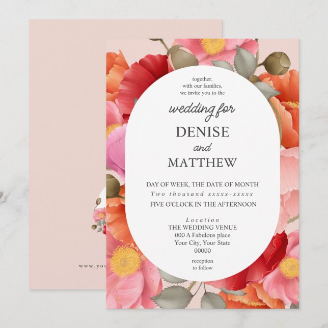 Convites Poppy de Aquarela com Rosa Blush (Frente/Verso)